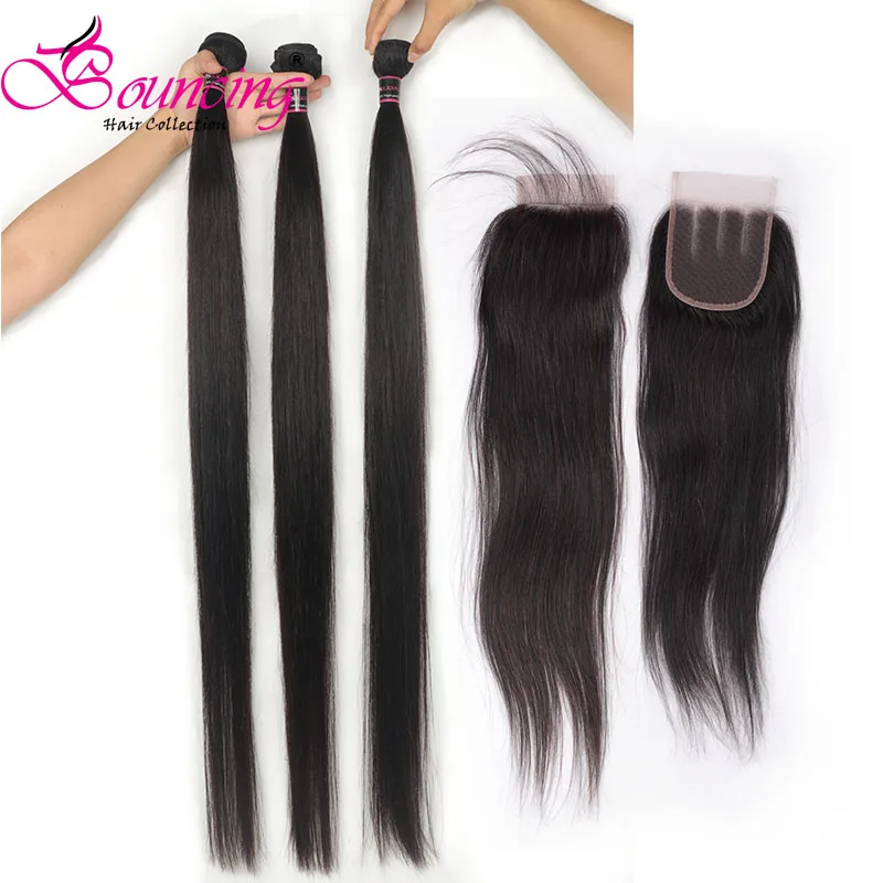 

Bouncing Hair Brazilian Straight Human Remy Hair 10-40 Inch 3bundles & 10-28Inch Lace Closure With Baby Hair Transparent Lace