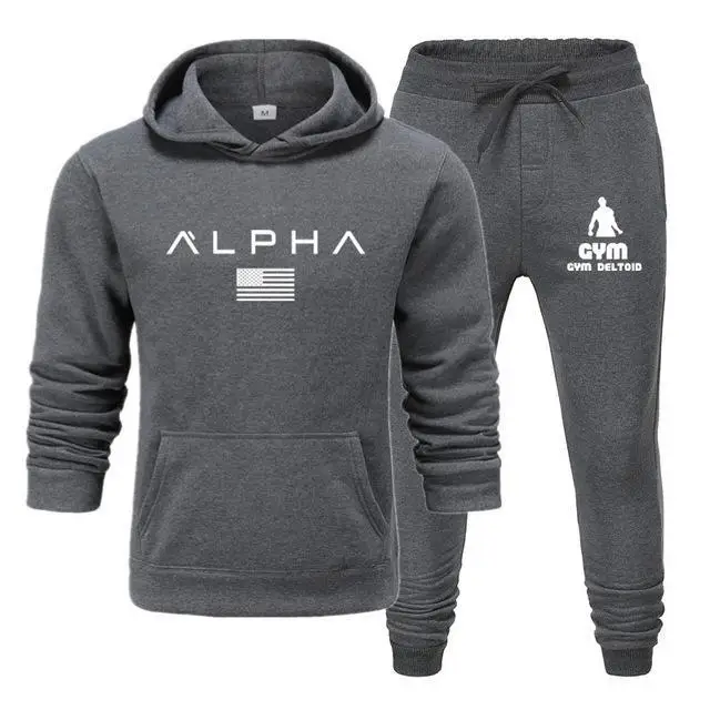 New Brand Printing Tracksuit Fashion Men Sportswear Two Piece Sets Polyester Cotton Thick Hoodie+Pants Sporting Suit Male - Цвет: dark grey
