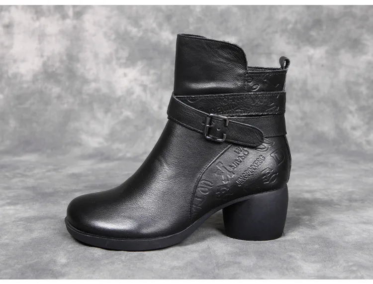 New Women Winter Snow Boots Mid-Calf Solid Thick High Heels Genuine Leather Shoes Women Warm Plush Boots Ladies