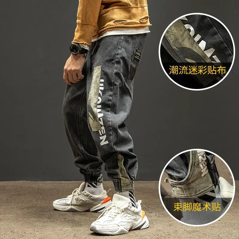 

Jeans men spring/summer retro patchwork camo pants men loose ankle-tied pants multi-pocket jogger cargo pants elastic waist 5xl