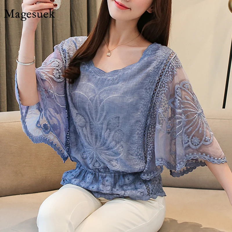 

New Butterfly Flower Half Sleeve Shirt Women Fashion Chiffon Blouse 2021 Summer Full Cotton Edge Lace o neck loose Shirt 4073 50