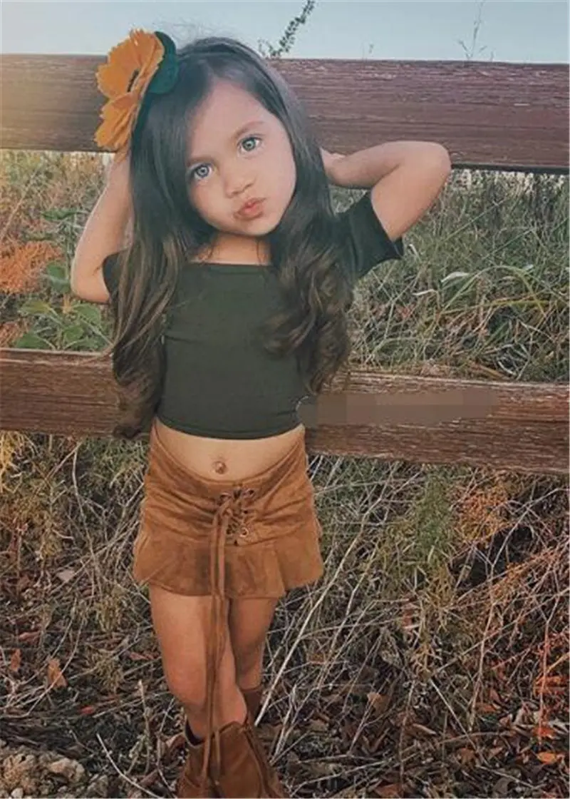 toddler kid girl clothes set black t-shirt brown skirt 2pcs summer outfit children clothes (5)