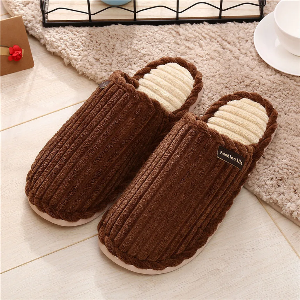 Однотонная плюшевая зимняя женская и мужская обувь для влюбленных пар теплые домашние тапочки из флока в полоску с нескользящей подошвой домашние тапочки размер 42-45# ZB