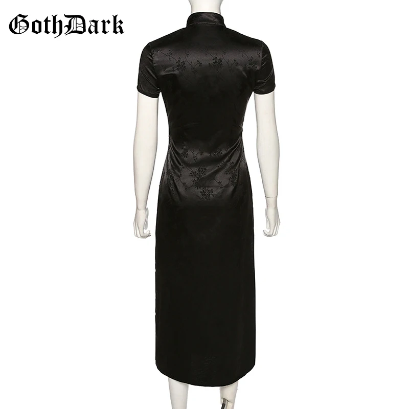 Готическое темно-черное винтажное готическое платье Cheongsam зима эстетическое гранж-панк эмо миди платье Готический стиль Вышивка Сращивание