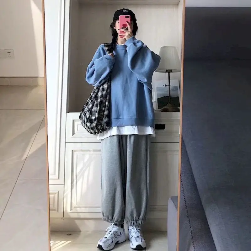 

Outfits for Women Autumn and Winter Korean Loose Fake Two-piece Plus Velvet Pullover Girl Student Sports Trousers Tracksuit