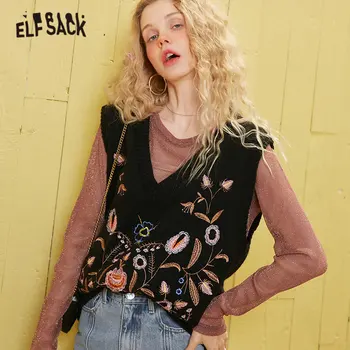 

ELFSACK Black Floral Embroidery Jersey Pullover Women Sweater Vest 2020 Spring Apricot V Neck Sleeveless Casual Ladies Daily Top