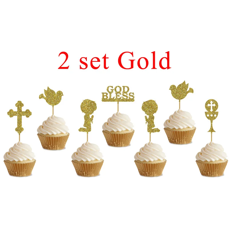 2Boys-Gold 2 комплекта Primera Comunión милые для торта топы для мальчиков и девочек молитва Бог благословит для детей Первое Святое Причастие вечерние украшения для торта - Цвет: 2Boys-Gold