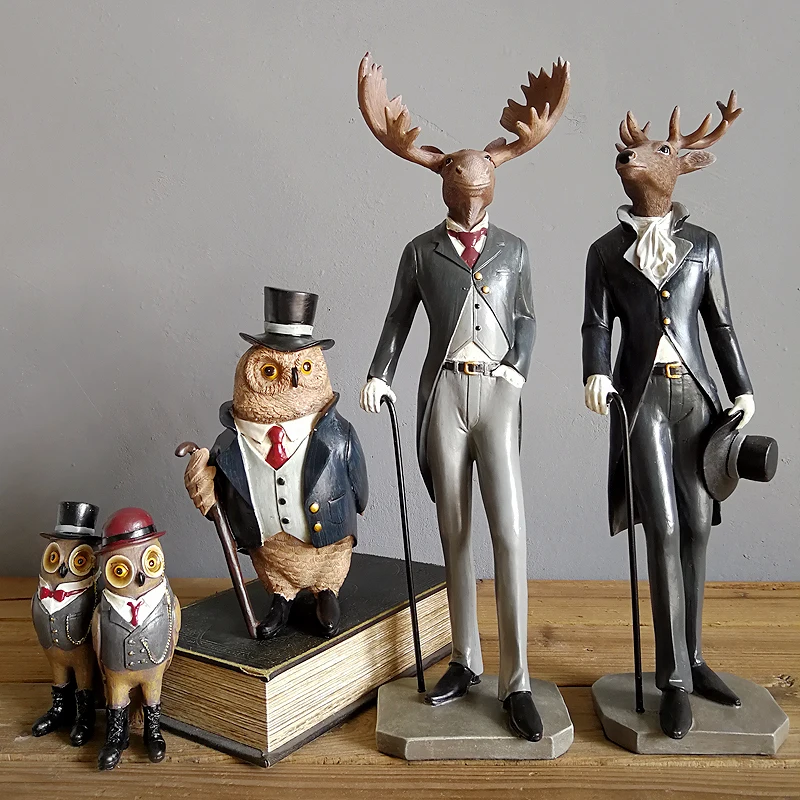American Resin Gentleman Deer Fox Owl Ornaments Home Livingroom Furnishings Crafts Clothing Store Cafe Club Figurines Decoration