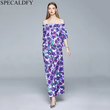 

Summer 2 Piece Set Women Slash Neck Off Shoulder Blouse Tops Runway Holiday Two Piece Pants Sets Floral Print Vintage Suit Pants