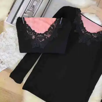 

V-neck Lace plus Velvet Underwear Fashion Goddess Milk Velvet Warm Base Shirt Double Layer Slim Fit Long-sleeved Upper Garment V