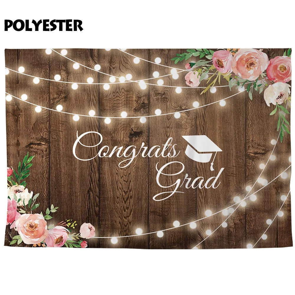 Allenjoy Congrats Grad события Декор коричневый деревянный пол Цветы Листья Светильник лампы занавес вечерние фон Студенческая активность баннеры