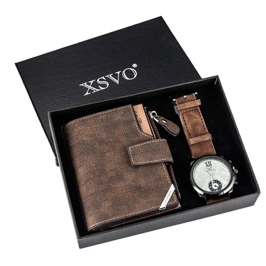 Для мужчин s часы класса люкс минималистические кварцевые наручные часы Для Мужчин's подарочный набор кошелек часы подарочный набор для мужчин часы для Муж папа дружок - Цвет: Коричневый