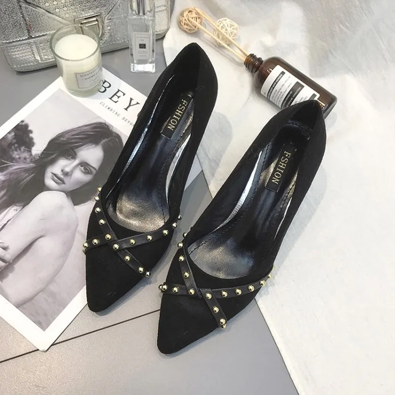 

Fashion Plus velvet Office Stilettos Pointed Toe Suede Women rivets Pumps Sexy High Heels Thin Heel Lady walking Shoes Y21-53