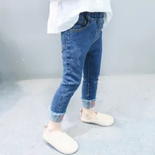 Осенняя одежда для девочек г. Осенние новые стильные джинсы однотонная детская джинсовая одежда джинсы с принтом в Корейском стиле