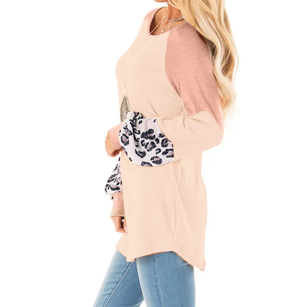 2019 ladies leopard solid color stitching long-sleeved shirt sweater 

