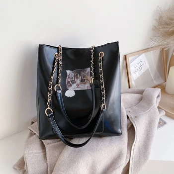 

Fashion Women's Bags Luxury Pu Leather Big Women Shoulder Bags Printing Cute Cat Female Tote Bag Ladies 2020 Designer Dress Bag