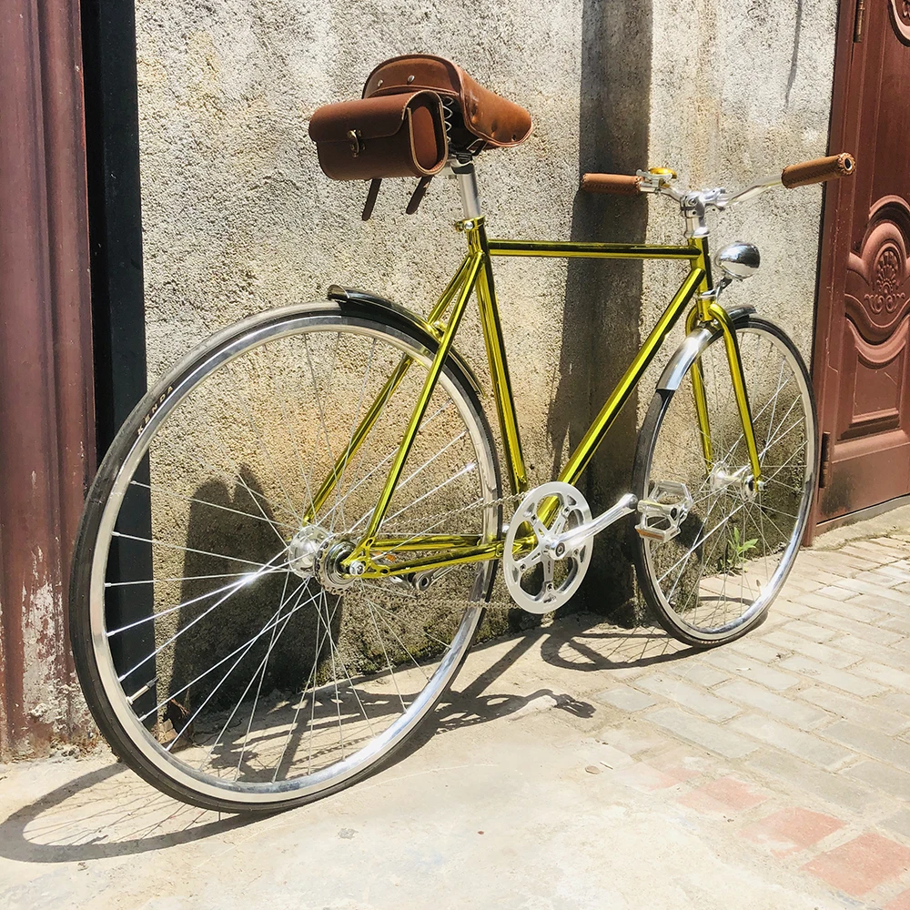 commuter Bike 700C Vintage bike Steel Frame fixie bike 52cm Road Bike gold Steel Frame single speed Bicycle