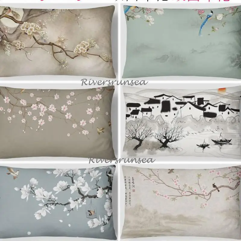 

New Chinese Style Flower And Bird Printed Pillow Lotus Landscape Painting Meditation Zen Cushion 30x50cm For Home Living Room