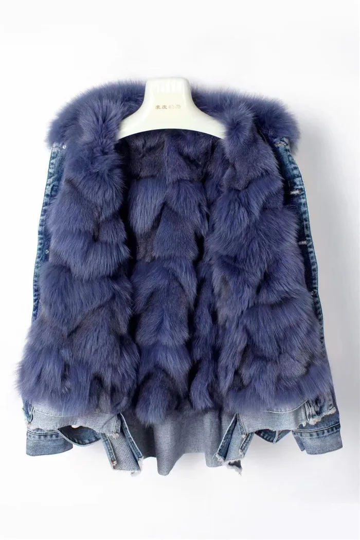 real fur coat Winter Jacket Women Coat Real fox Fur lined denim jacket Parka back letter print