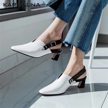 

KarinLuna 2020 New Fashion Genuine Leather Women Sandals Strange Style Heel Square Toe Metal Decoration Pumps Summer Women Shoes