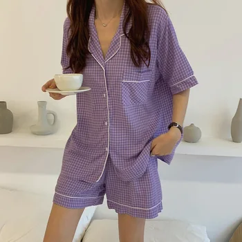 

Pajamas Set Summer/Autumn Korean Style Plaid Shirt Short Sleeve Shorts Yellow Purple Women/ Men Pajamas Home Lounge Wear
