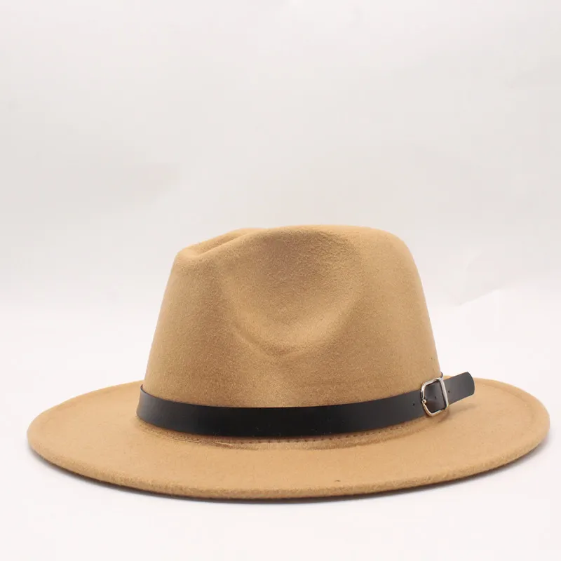 Winter Autumn Black Men Wool Fedora Hat Wide Brim Women Imitation Woolen Ladies Fedoras Jazz Hat Belt Caps Bowler Felt Hats - Цвет: 8