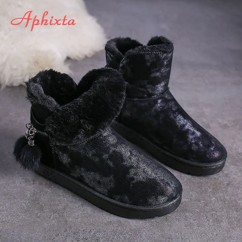 Aphixta/зимние сапоги на меху с бахромой и металлической молнией; женская плюшевая обувь; женские теплые зимние сапоги; женская обувь; женские ботильоны - Цвет: Black
