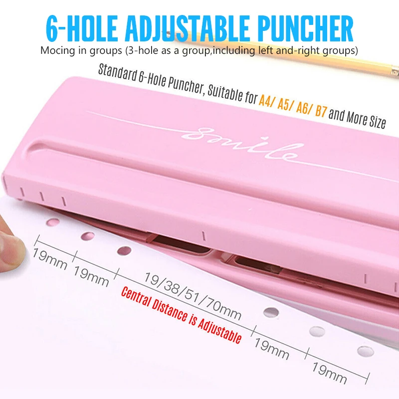 

6-Hole Adjustable PaperPuncher Scrapbooking Six Ring Binder 6 Sheet Adjustable Hole Punching Machine Manual Diy Tool Binding