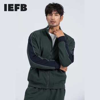 

IEFB men's clothing knitted terry cotton color block stripe sports jackets casual stand collar zipper coat Celebrity style Y4326