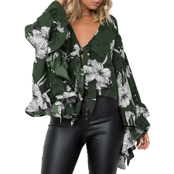 

Women‘s Blouse Lace Up Sexy V-neck Short Ladies Flower Print Blouses Long Flared Sleeve Blusas Shirt 2020
