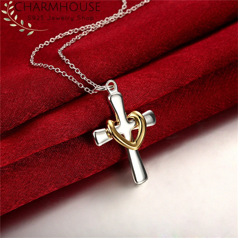 

Silver 925 Necklaces For Women Cross Heart Pendant Necklace Chain Collier Femme Wedding Bridal Jewelry Accessories Bijoux Gifts