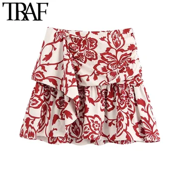 

TRAF Women Chic Fashion Printed Ruffled Mini Skirt Vintage High Waist Size Zipper Female Skirts Casual Faldas Mujer