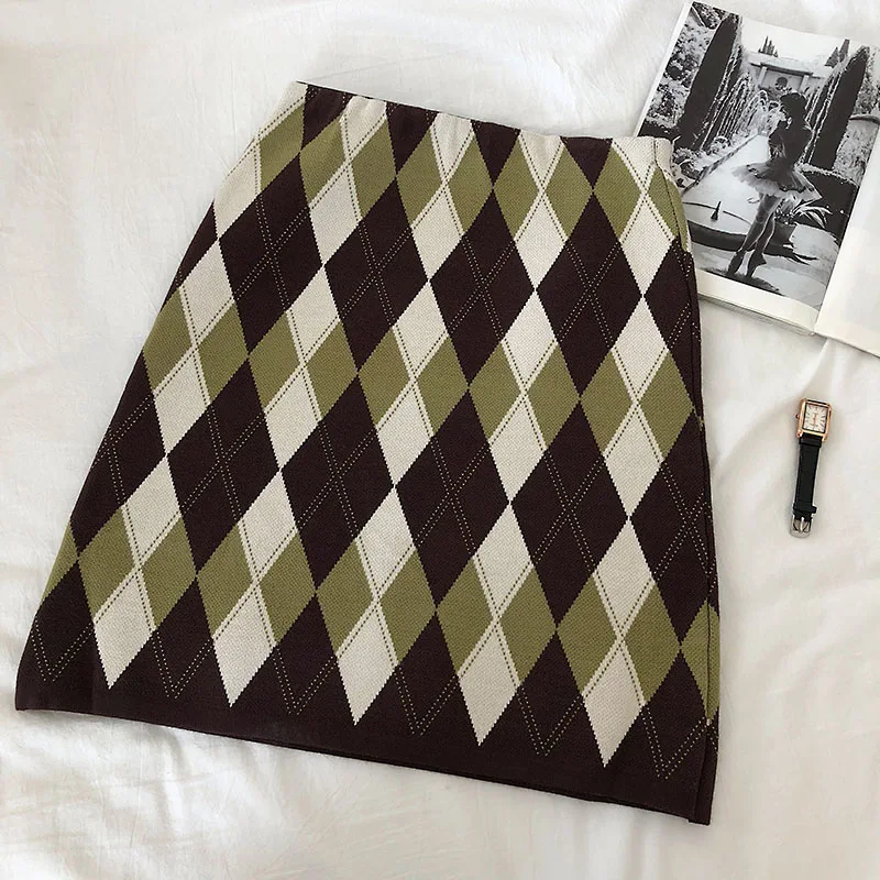 Gagarich Skirts Contrast Colored Plaid Knitted Women Autumn Winter New Korean Style Fashion Retro Skinny Skirt Tide