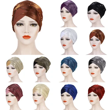 

Muslim Women Beads Hijab Elastic Turban Hat Chemo Cancer Cap Arab Head Scarf Wrap Cover Headscarf Islamic Bandanas Accessories