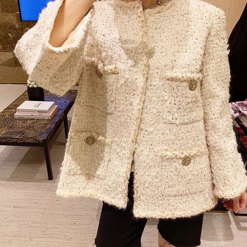 

2019 autumn men women loose plus size oversize golden lurex pockets buttons chains tweed coats o-neck wool weave jackets y381