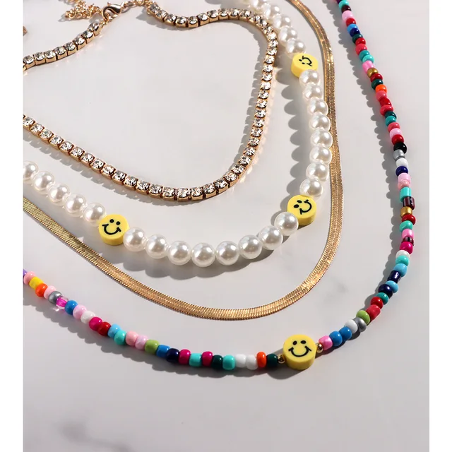 Bohemia Multilayer Smiley Pearl Rainbow Beaded Choker Necklace For Women Beach Jewelry 2