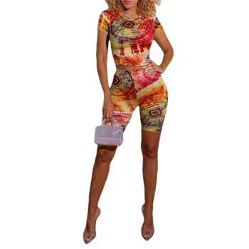 

2020 Fashion 2 Pcs Women Tie Dye Print Outfits Short Sleeve Round Neck T-shirt High Waist Shorts Summer Slim Set Casual Sets