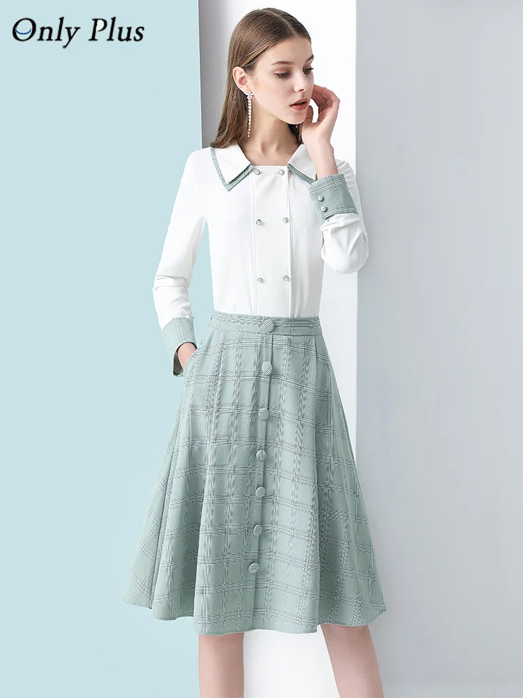 

Only Plus 2020 Spring Two Piece Set Button White Blouse With High Waist Tweed Skirt Ladies 2 Piece Outfits For Women