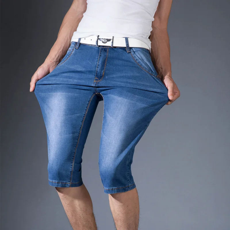 Летние тонкие джинсы, мужские эластичные Капри, повседневные обтягивающие шорты большого размера, мужские капри, облегающие бриджи