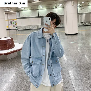 

Autumn New Denim Jacket Men Fashion Washed Solid Color Large Pocket Denim Jacket Man Streetwear Hip Hop Loose Bomber Jacket