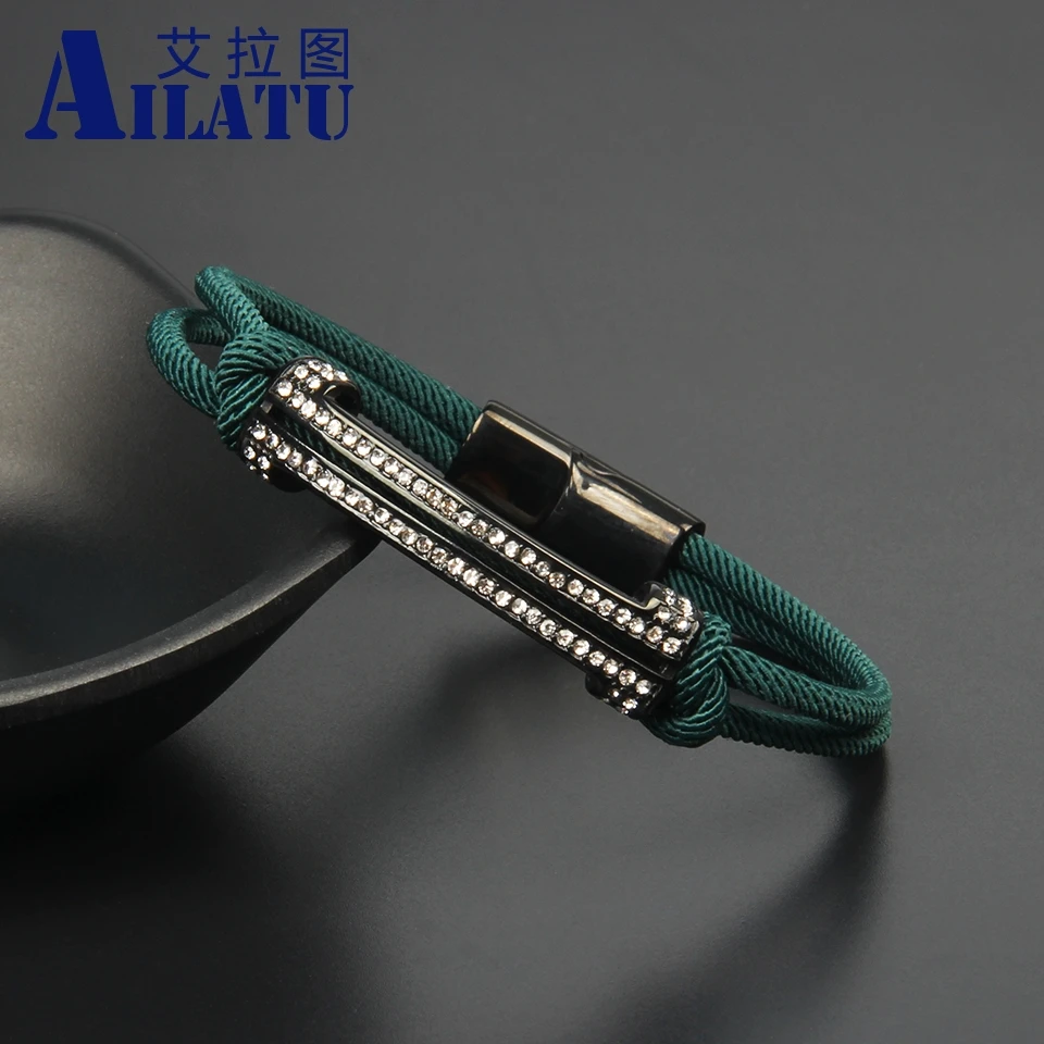 

Ailatu Classic Stainless Steel Clear Cz Long Bar Buckle Bracelet With Green String Braided Men's Jewelry Birthday Gift