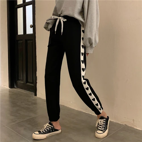 

3 Color New Harajuku Casual Women Pants High Waist Wild Side Heart Female Sweatpants Kawaii Patchwork Harem Pants