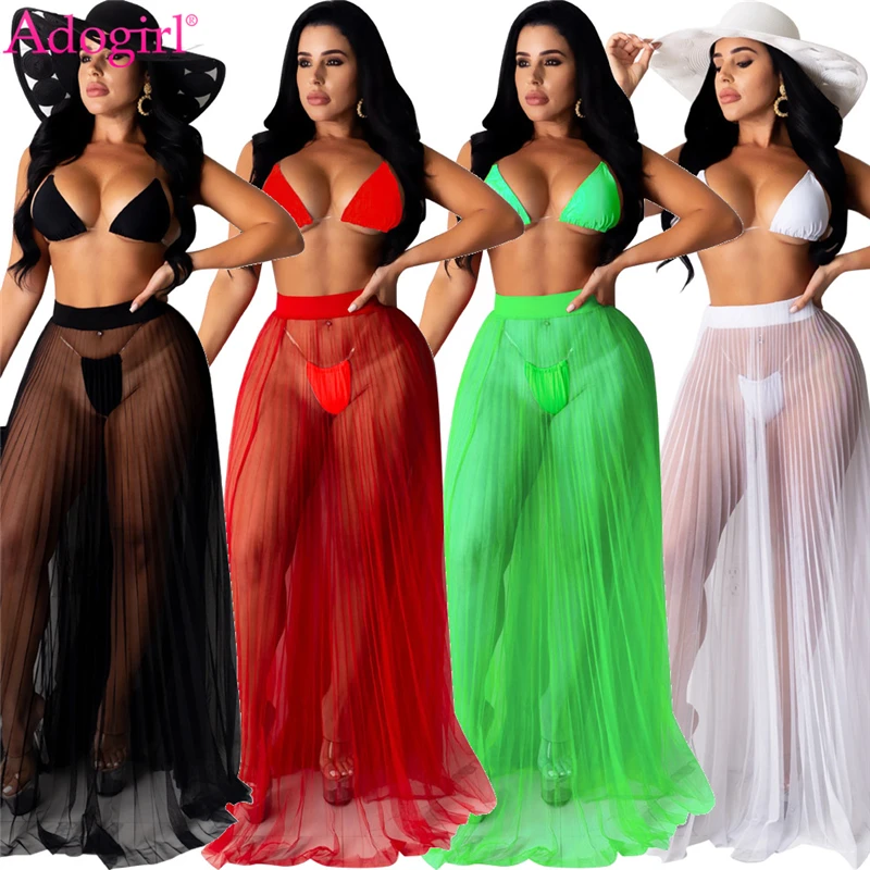 Adogirl Women Sexy Summer Beach Suit Bikini Set Sheer Mesh Pleated Maxi Skirt Female Fashion Bathing Suit Can Be Sold Separately