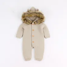 Вязаные Детские комбинезоны; зимняя одежда для новорожденных; комбинезон для малышей с меховым капюшоном; ползунки для мальчиков и девочек; свитер