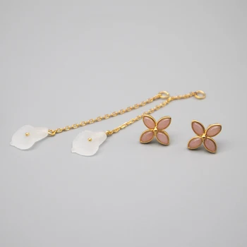 

Natural Stone Pink Opal Four Leaved Clover Stud Earrings Crystal Flower 925 Sterling Silver Gold Chain Earrings Fine Jewelry