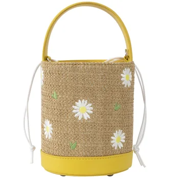 

Straw Bag Lady 2020 New Fashion Woman Bags Embroidery Daisy Bucket Bag Cross-body Shoulder Bag Individuality Special Style