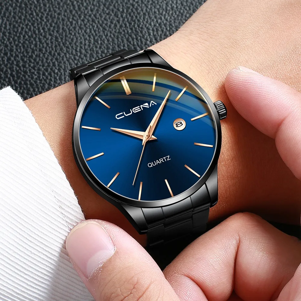 

CUENA Men's Business Steel Belt Watch Three Eyes Calendar Quartz Business Watch relogio masculino watches men Fashion Sport