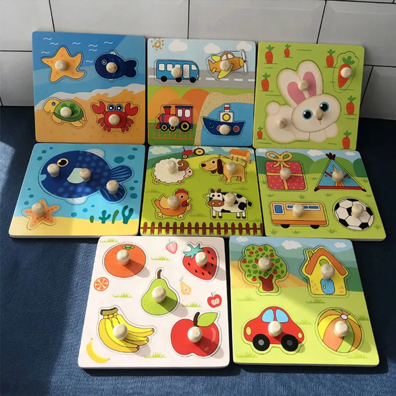 Early Educational Montessori Jigsaw Wooden Puzzle Baby Toys Hand Grab Board 