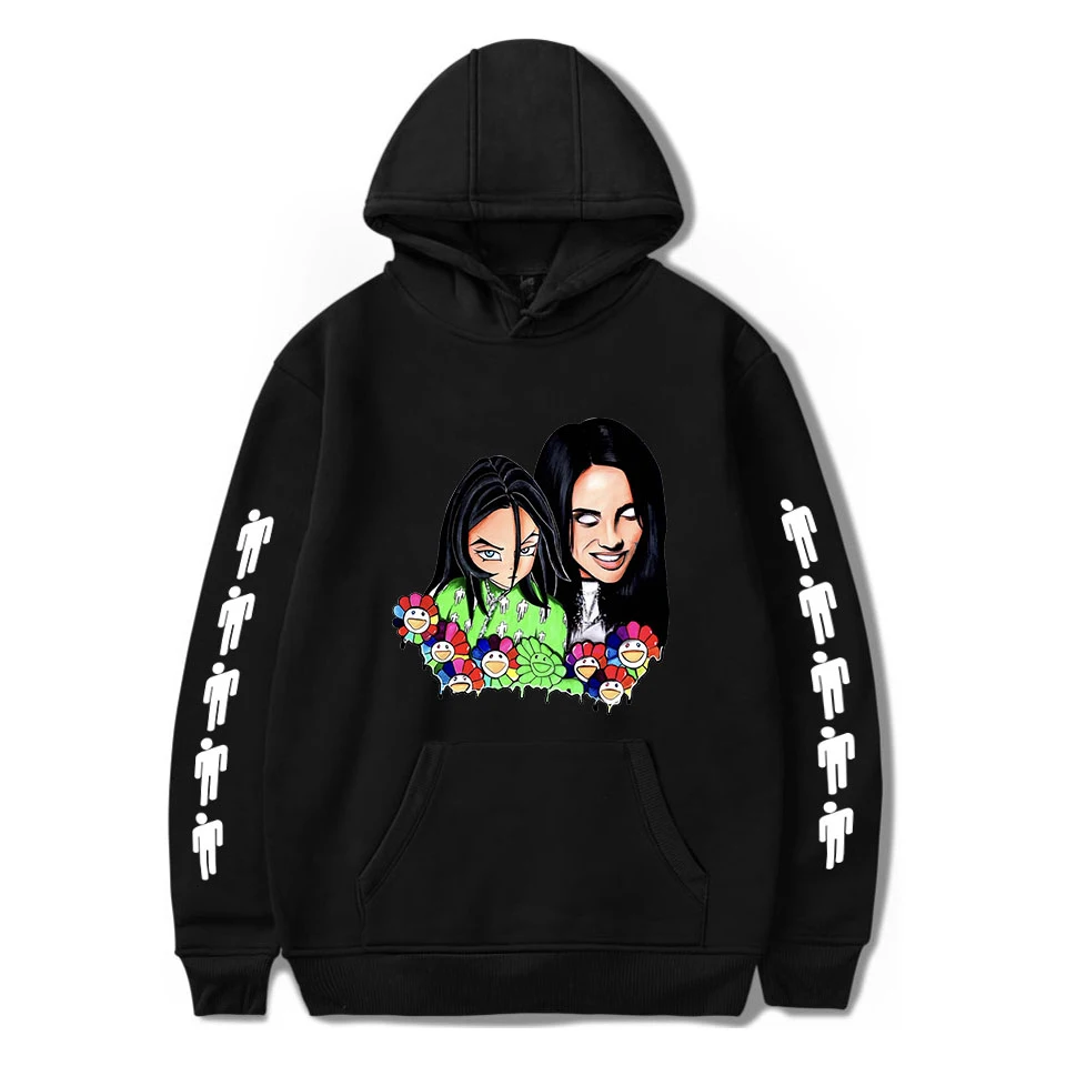 Толстовки для женщин и мужчин; модная Толстовка Billie Eilish с капюшоном; повседневные Черные толстовки с принтом; сезон осень-зима; пуловеры; толстовки для девочек