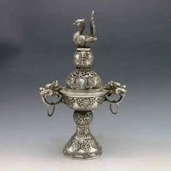 

Exquisite OLD Tibetan silver Hand-Carved 2 Dragon Incense Burner & Peacock Lid
